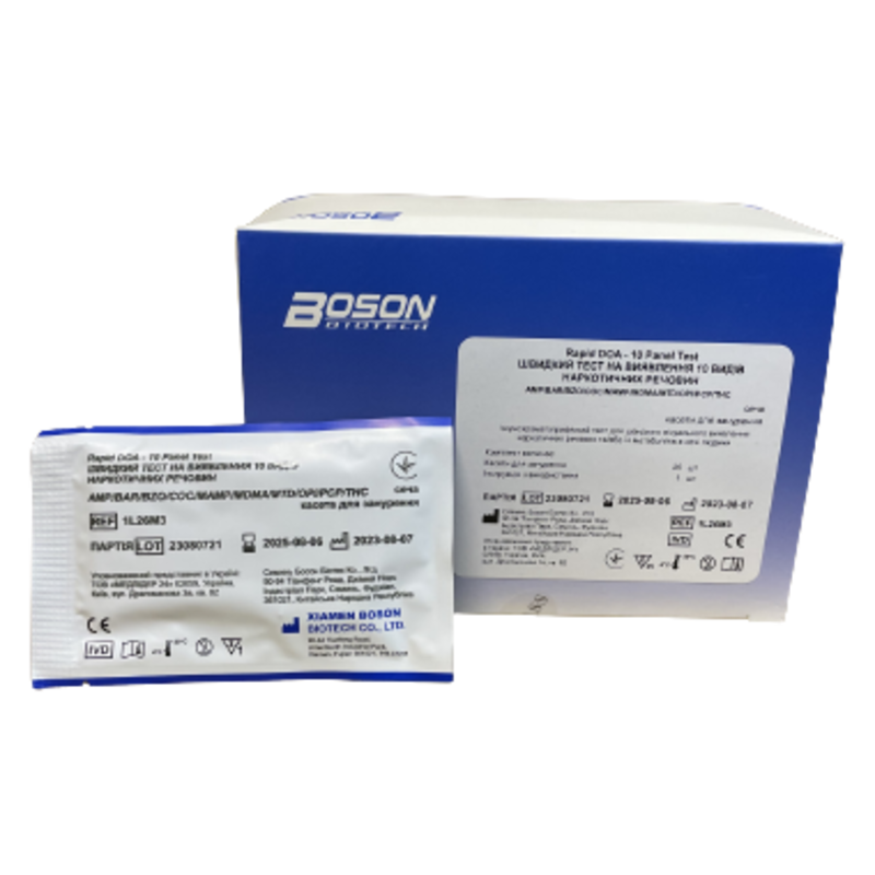 Швидкий тест на виявлення 10 видів наркотичних речовин, сеча, касета для занурення: 1L26M3, Xiamen Boson Biotech Co., Ltd.